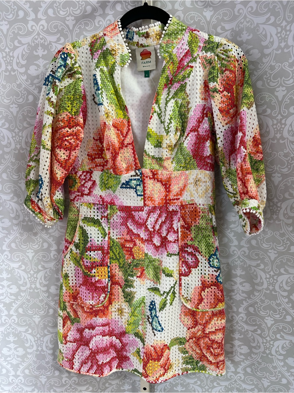 Farm Rio Floral Eyelet Mini Dress - Pink & Green Size Small
